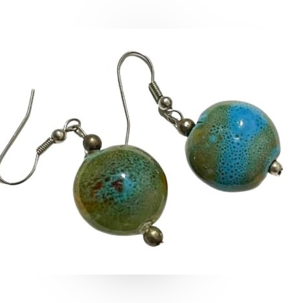 Earrings Ceramic Balls turquoise & green speckles Silver-tone Pierced new wires